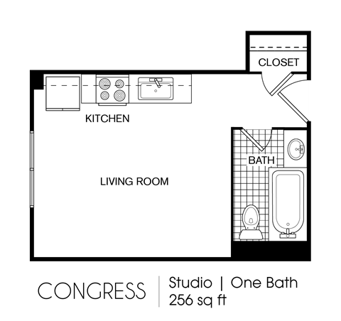 Floor plan for studio, 1 bath, 256 sqft